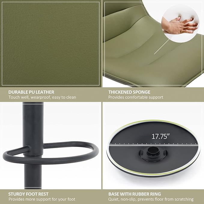 Brage Living Adjustable Bar Stool, Modern PU Leather Swivel Counter Height Barstool with Back, Armless Airlift Curved Bar Chair for Kitchen Dining Cafe, 1 pc (Olive Green, Black Base)