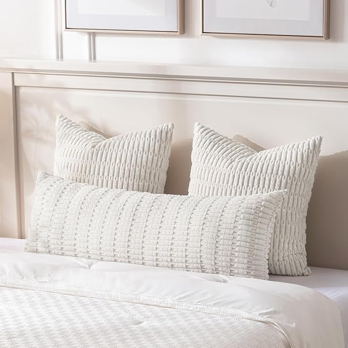 Fancy Homi 2 Packs Cream Boho Long Body Lumbar Decorative Throw Pillow Cover 14x36 Inch for Bed Couch Bedroom Bench, Soft Corduroy Rectangle Solid Pillow Case 35x91 cm, Rustic Farmhouse Room Decor