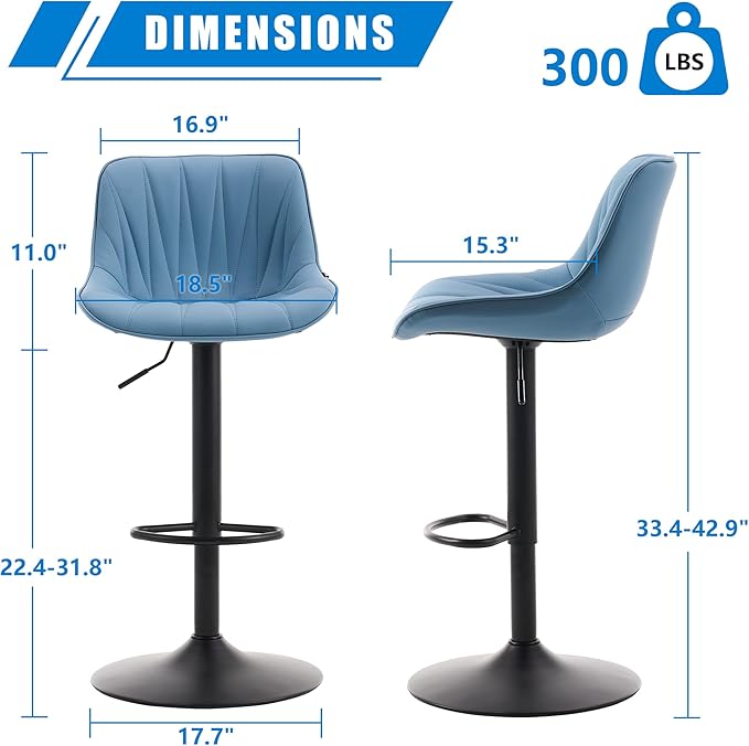 YOUNIKE Bar Stools Set of 2 for Kitchen Island, Blue Faux Leather Padded Counter Height Stools, Adjustable Swivel Barstools with Back, Modern Tall Stools with 300LBS Support