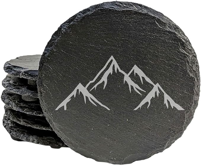 Mountain Majesty Slate Coasters with Stunning Mountain Scene Design - Perfect for Home and Office Decor and Protection of Surfaces, Available in Square or Round Coasters - Round Slate - Set of 5