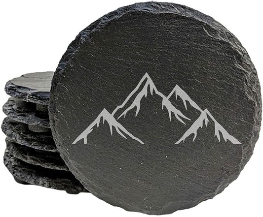 Mountain Majesty Slate Coasters with Stunning Mountain Scene Design - Perfect for Home and Office Decor and Protection of Surfaces, Available in Square or Round Coasters - Round Slate - Set of 4