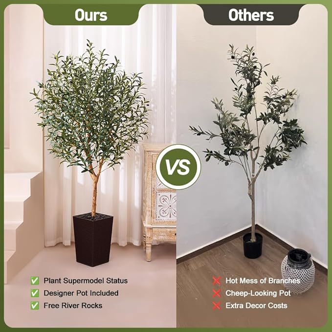 Artificial Olive Tree 6FT, Faux Olive Trees with Real Wood Trunk, UV Resistant Fake Plants in Planter & River Rocks, Indoor Tall Silk Plant for Home Living Room Office Outdoor Decor, VN133
