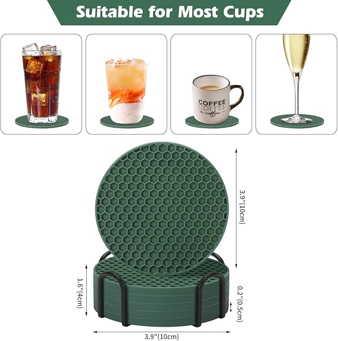 Coasters Set of 6 with Holder,Coasters for Drinks,Coffee Table Decor Coaster,Suitable for Kinds Cups,Anti-Slip,Non-Stick,Silicone Cup Coaster and Living Room Decor(6 Pcs, Green)