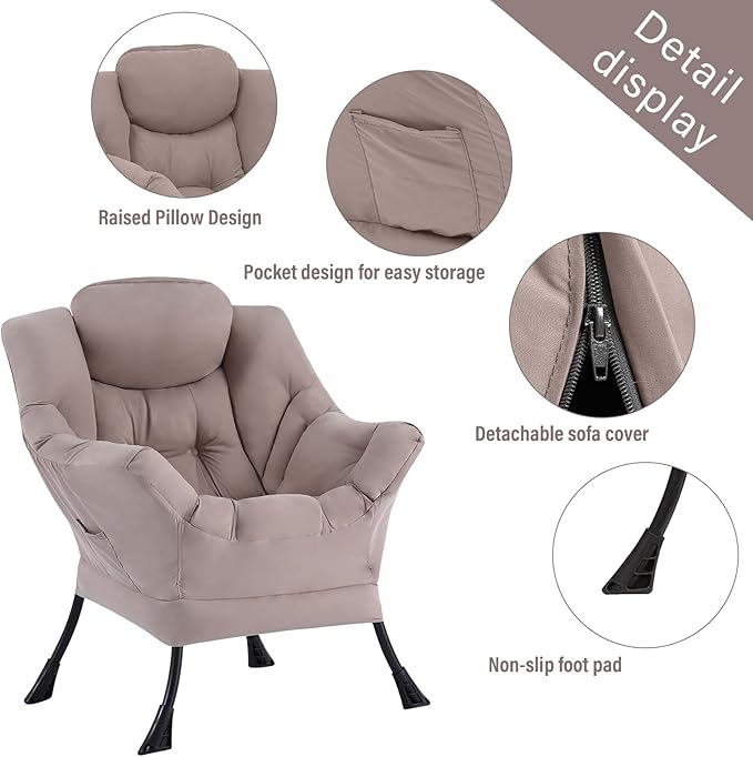 Welnow Lazy Chair with Ottoman, Modern Reading Lounge Accent Chair with Armrests and a Side Pocket, Leisure Upholstered Lazy Sofa Set with Footrest for Small Space, Khaki