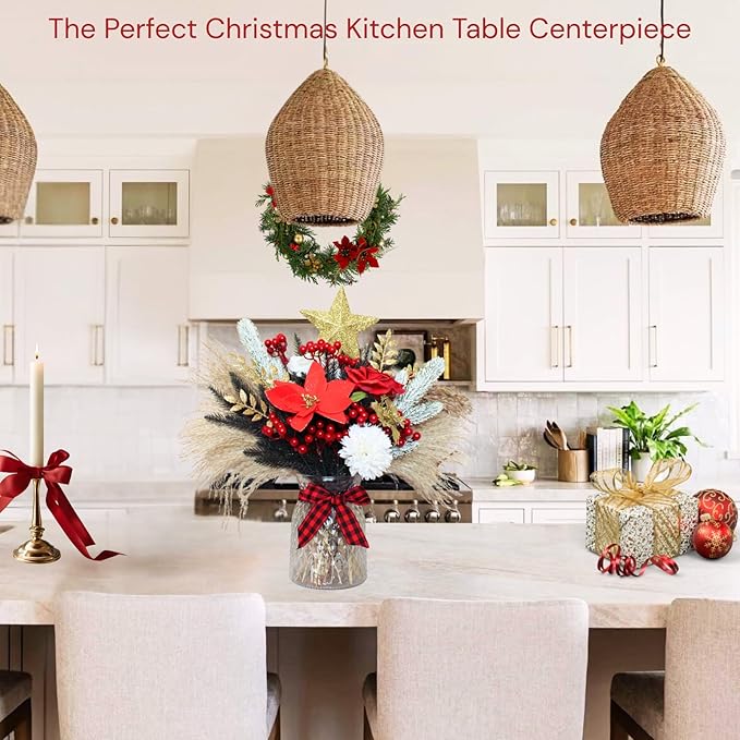 Christmas Centerpieces for Tables, Holiday Table Decor, 100pcs Christmas Floral Arrangements in Vase, Xmas Decorations for Coffee Kitchen Dining Table, Artificial Poinsettia Red Berry Pine Branches