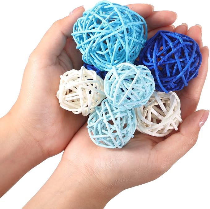 Patelai 36 Pcs Wicker Rattan Balls Decorative Balls for Vase Centerpiece Bowls Orbs Filler for Home Decor,4 Sizes(White, Blue Series)