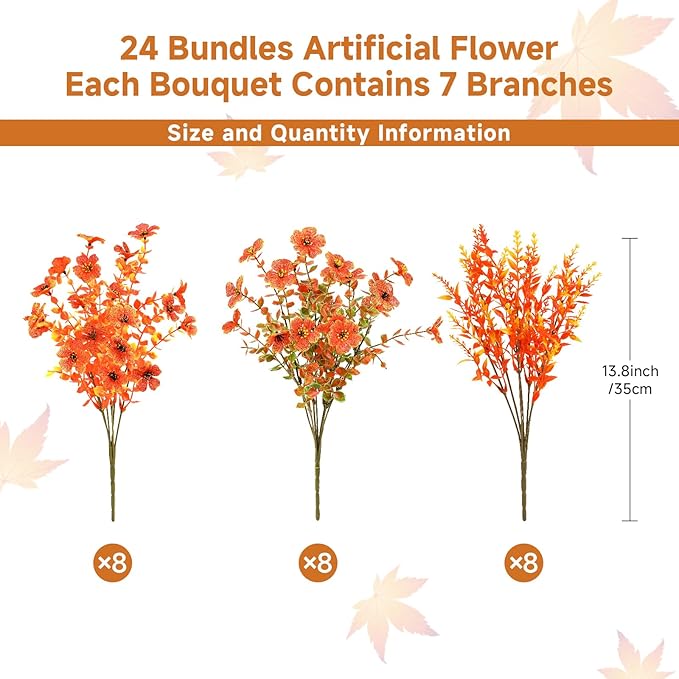 SHareconn 24 Bundles Artificial Fall Flowers for Outdoors Decoration,UV Resistant Silk Eucalyptus Lavender Faux Autumn Fake Plants for Outside Indoor Garden Yard Porch Home Decor,SunsetRedAutumnColour
