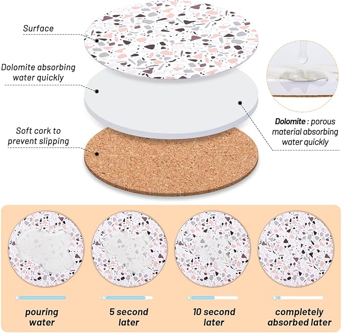 Acejoz Drink Coasters with Holder, Set of 6, Terrazzo Pattern, Ceramic, Round, 4 Inches