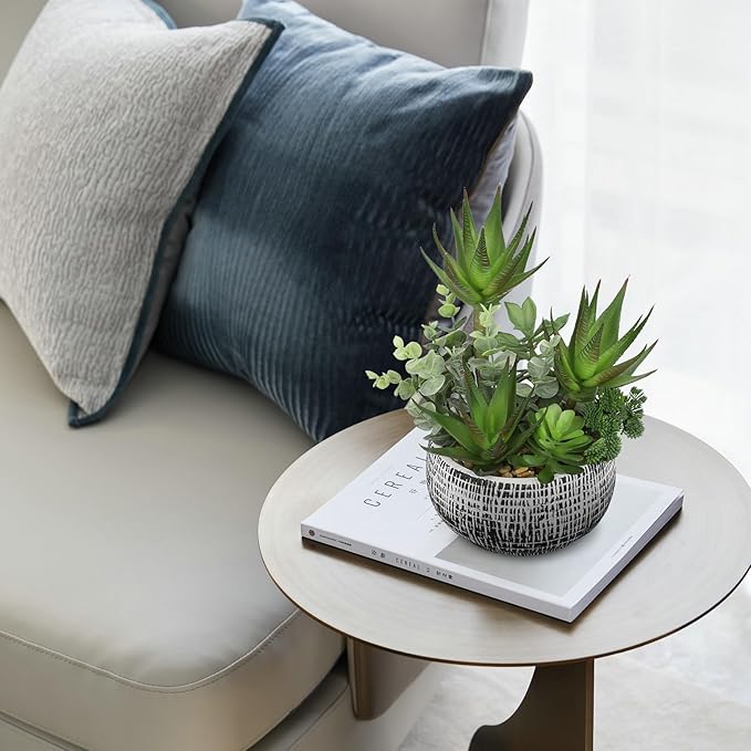11” Large Succulents Aloe Plants Artificial in Ceramic Pots Potted Faux Succulent Eucalyptus Arrangement with Black Bowl Pots Fake Desk Succulents Plants for Home Bathroom Shelf Table Indoor Decor