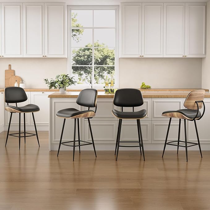 Mid Century Modern Bar Stools Set of 4, PU Leather Counter Height Stools with Walnut Bentwood Back & Metal Legs, 26.7" Barstools Kitchen Island Chairs with Footrest for Home Bars, Black