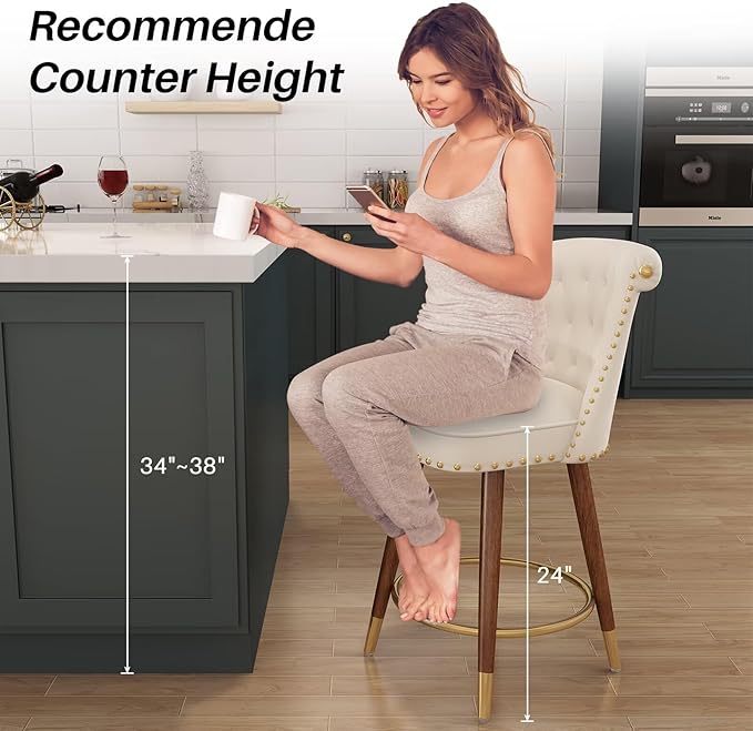 24" Counter Height Bar Stools Set of 2, Swivel Counter Stools with Back, Upholstered Velvet Stools for Kitchen Counter with Wood Legs, Fabric in Off-White
