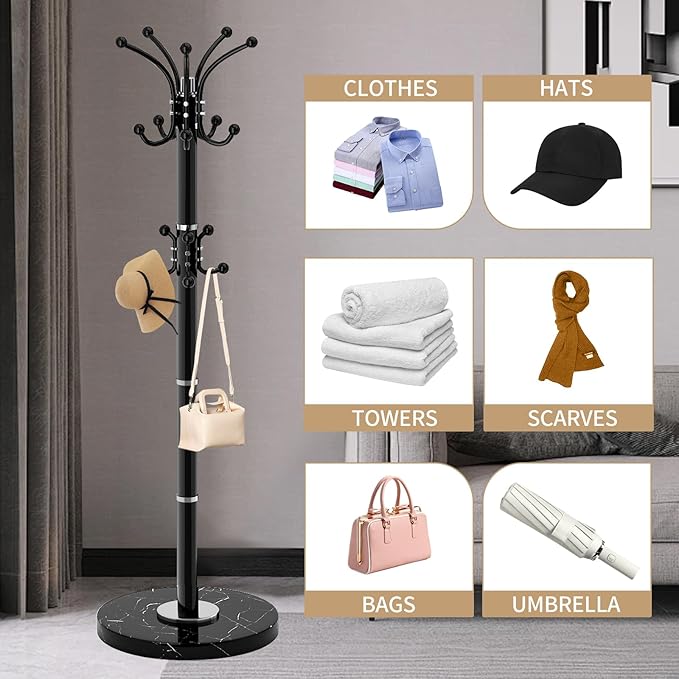 Metal Heavy Duty Coat Rack Stand, Modern Freestanding Coat Rack with Natural Marble Base, 360° Roraty Coat Racks with 16 Hooks, Black Coat Hall Tree Hanger Stand for Entryway, Office