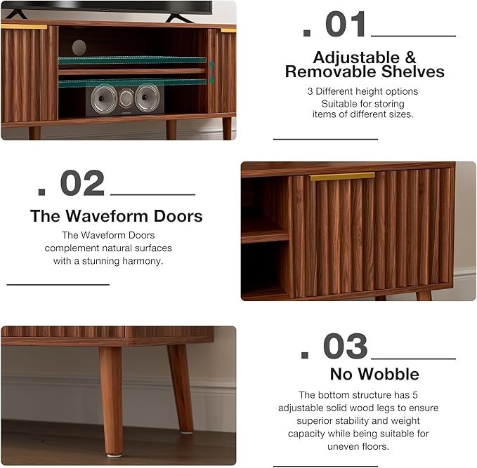 TV Stand for Living Room, Mid Century Modern Entertainment Center for 55/60/65 inch TVs, TV Console with Fluted Door Cabinets and Open Shelves, for Bedroom, Walnut