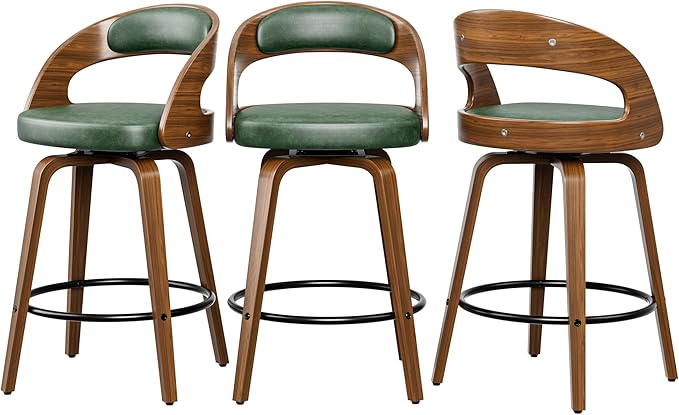 Swivel Bar Stools Set of 3, 26" Upholstered Faux Leather Barstools with Bentwood Legs, Mid Century Modern Counter Height Bar Stools with Back for Kitchen Island, Dining Room, Green