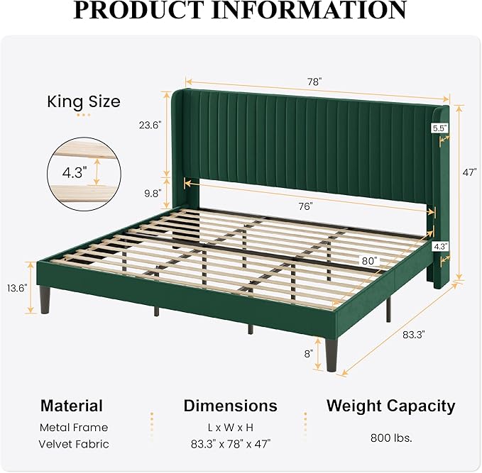 SHA CERLIN King Size Velvet Bed Frame with Vertical Channel Tufted Wingback Headboard, Upholstered Platform Bed with Wood Slats, No Box Spring Needed, Easy Assembly, Green