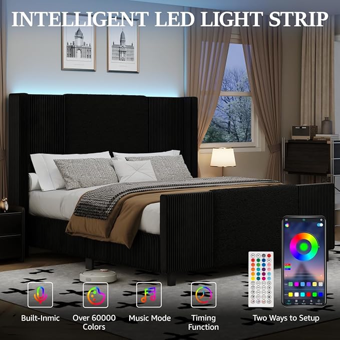 Queen Size Bed Frame with Tall Headboard and Footboard, Boucle and Corduroy Upholstered Bed Frame Queen with LED Lights, Modern Platform Bed Frames, Noiseless, Easy Assembly, Black