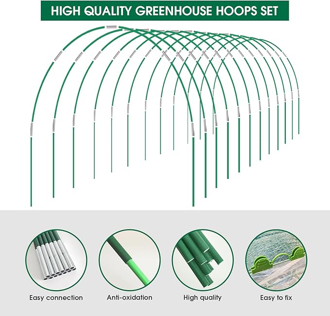 72Pcs Garden Hoops for Raised Beds, 12 Sets of 8Ft Greenhouse Hoops Grow Tunnel, Rust-Free Fiberglass Garden Hoops Frame, DIY Plant Support Garden Stakes for Netting Row Cover Shade Cloth