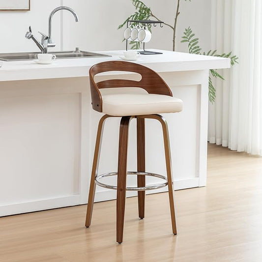 Counter Stools Set of 1, Counter Height Bar Stools with Walnut Crafts, Bentwood Curved Back, Upholstered Faux Leather, Soft Cushion Seat, Swivel Counter Chairs for Island/Pub (Beige, 26" Seat Height)