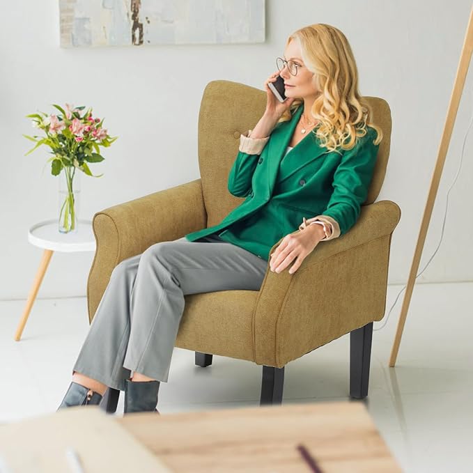 Athena Collection Mid Century Modern Chair for Living Room, Upholstered Wingback Reading Chair for Adults, Comfy Linen Fabric Armchair with Wooden Legs for Bedroom, Dorm, Balcony, Yellow