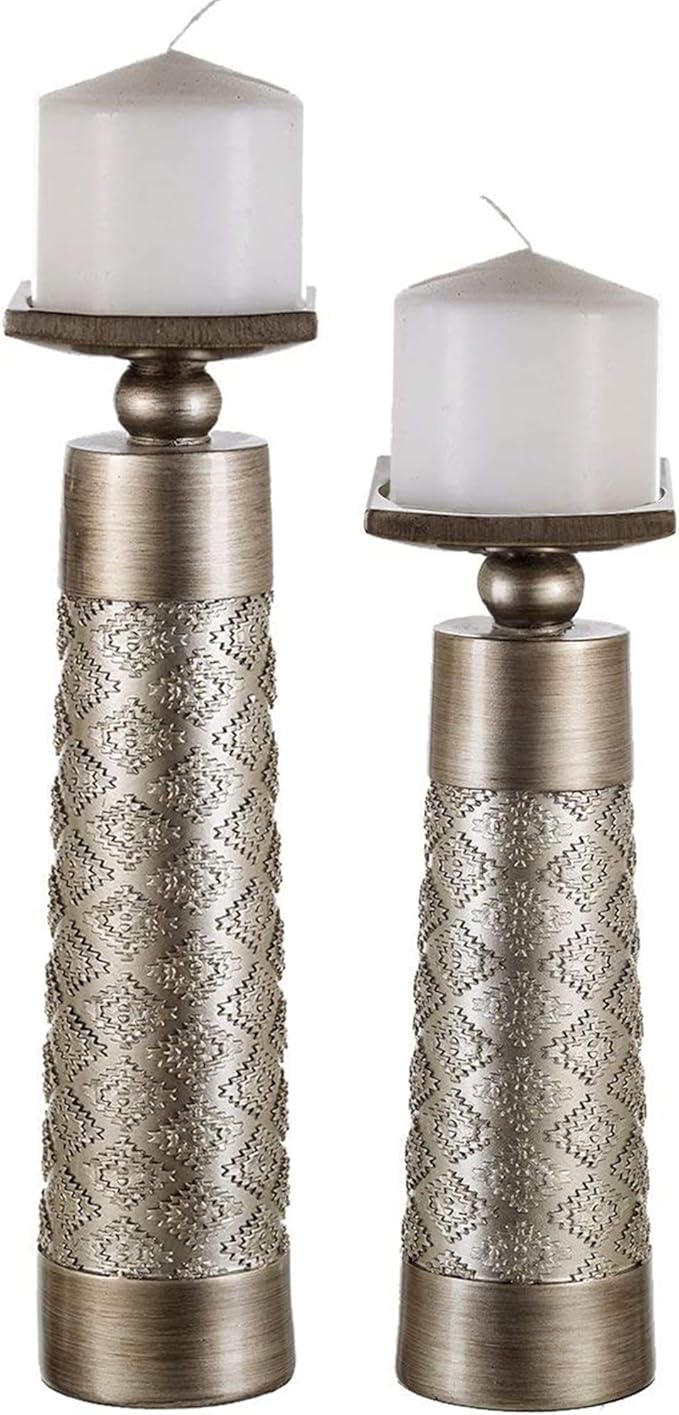 Creative Scents Dublin Silver Decorative Candle Holder Set of 2 - Home Decor Pillar Candle Stand, Coffee Table Mantle Decor centerpieces for Fireplace, Living or Dining Room Table, Gift Boxed
