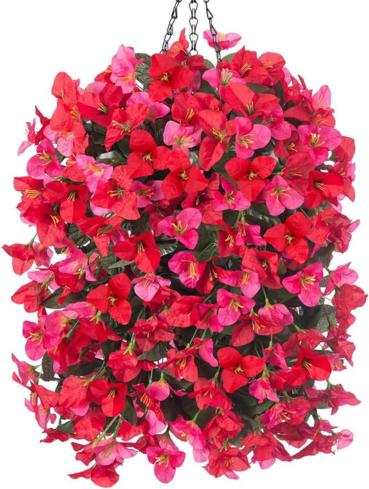 Artificial Bougainvillea Faux Flowers Plants Baskets for Outdoor Outside Decoration, 3 PCS Fake Silk Flowers Long Trailing Vines UV Resistant Realistic for Front Door Porch Patio Balcony, RedHotpink