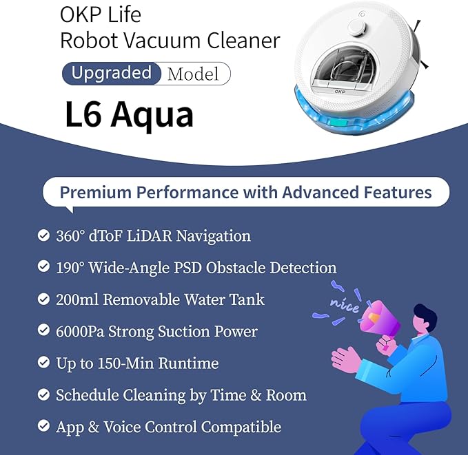 OKP Life LiDAR Robot Vacuum and Mop Combo with 450ml Visible Dustbin, 190° PSD Obstacle Avoidance, Customized Cleaning, Multi-Floor Mapping,150 Mins Runtime, WiFi/Alexa/APP, Good for Pet Hair & Carpet