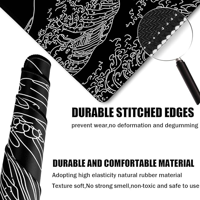 Japanese Sea Wave Mouse Pad for Gaming, Large Mouse Pad Extended (31.5X 15.75 INCH) Non-Slip Rubber Base & Stitched Edge for Computers Laptop Home Office Accessories