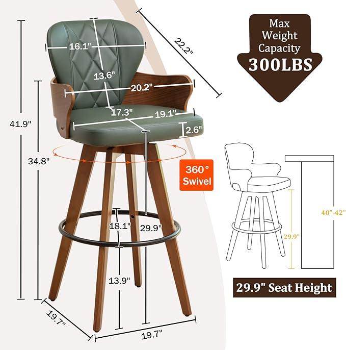 30” Swivel Bar Stools,Green Faux Leather Bar Height Stools with Armrest and Fishtail-Shaped Back,Mid Century Modern High Barstools,Walnut Bar Chair for Kitchen Island or Home Bar,1PCS