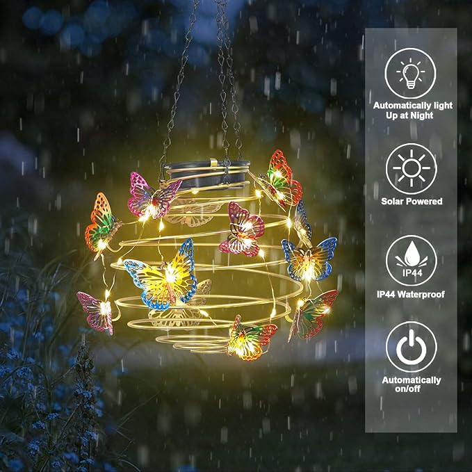 2 Pack Butterfly Solar Lights Outdoor Hanging Lantern with Handle, Solar Powered Butterflies Garden Decor for Outside Patio Yard Porch Pathway Butterfly Gifts for Women (Warm White LED Lights)