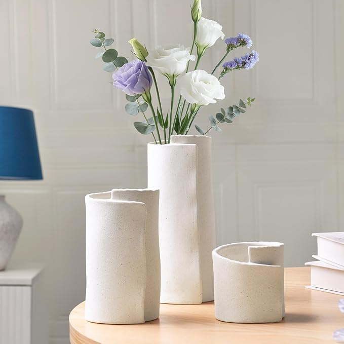 Pointnio White Ceramic Flower Vase Set of 3,Small Origami Flower Vases for Room Decor,Modern Boho Farmhouse Vase,Decorative Vases for Home Decor,Living Room, Kitchen, Bedroom, Bathroom