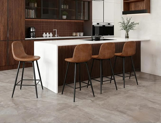 Modern Bar Stools Set of 4,Brown Techno-Fabric Counter Height Bar Stools,24.6" Bar Chairs with Back Metal Footrest,Modern Counter Stool with Back and Footrest for Kitchen Island Restaurants Pubs