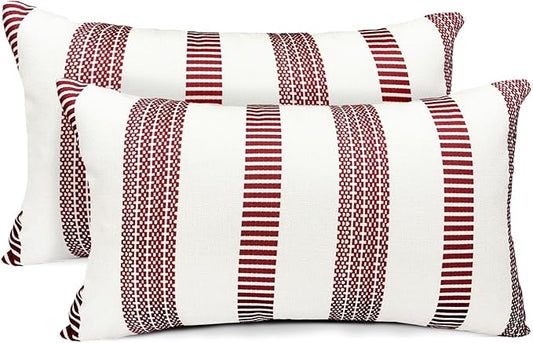 Decorative Throw Pillow Covers Set of 2 Wine Red Boho Striped Pillow Covers 12x20 Inch Throw Pillow Cover Linen Pillowcase Farmhouse Outdoor Pillow Covers for Couch Sofa Bed Living Room