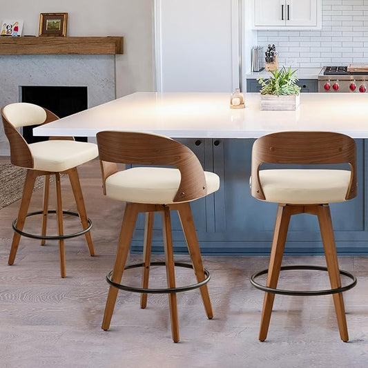 Barstools Set of 3,Bar Height Bar Stools for Kitchen Island,30.3 Inch Modern Upholstered Bar Chair, Swivel Bar Stools with Back and Wood Legs (Beige-pu)