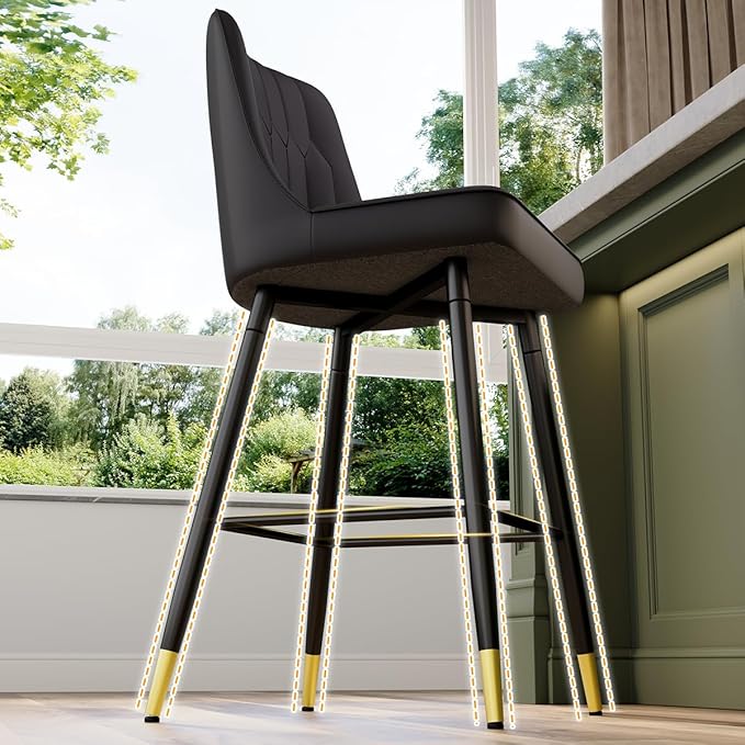 Black Bar Stools Set of 2,27" Counter Height Bar Stools Set of 2,Faux Leather Counter Stools with Soft Padded Seat & Curved Backrest,Modern Kitchen Island Chairs for Dining Café