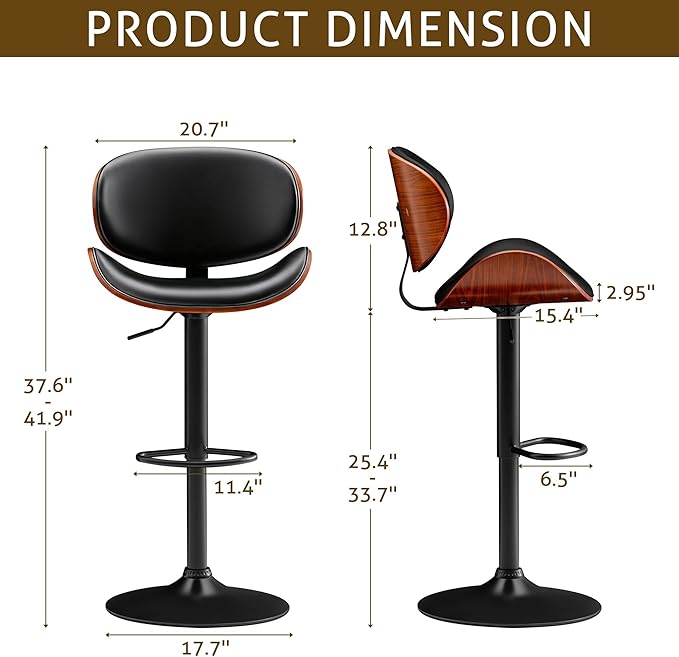 Bar Stools Set of 2 Adjustable Swivel Bentwood Barstools PU Leather Modern Bar Chairs with Back & Footrest for Bar, Kitchen Island, Dining Room (Black, Set of 2)