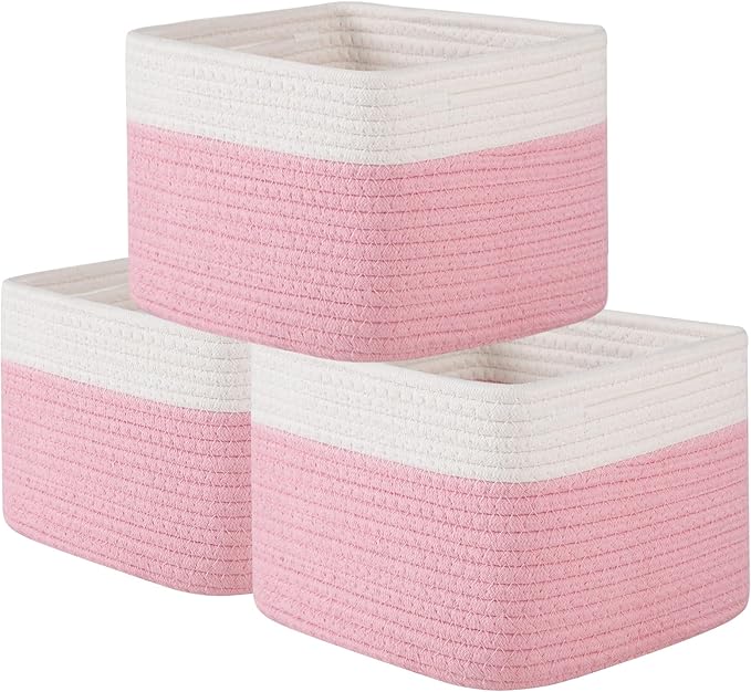 OIAHOMY 9”x9”x7” Storage Cubes, Cotton Rope Woven Baskets for Organizing, Cube Storage Bin, Small Gift Basket for Shelf, 3-Pack, Pink&White