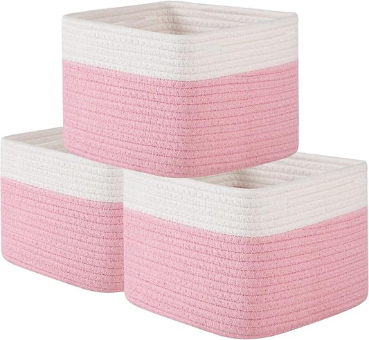 OIAHOMY 9”x9”x7” Storage Cubes, Cotton Rope Woven Baskets for Organizing, Cube Storage Bin, Small Gift Basket for Shelf, 3-Pack, Pink&White