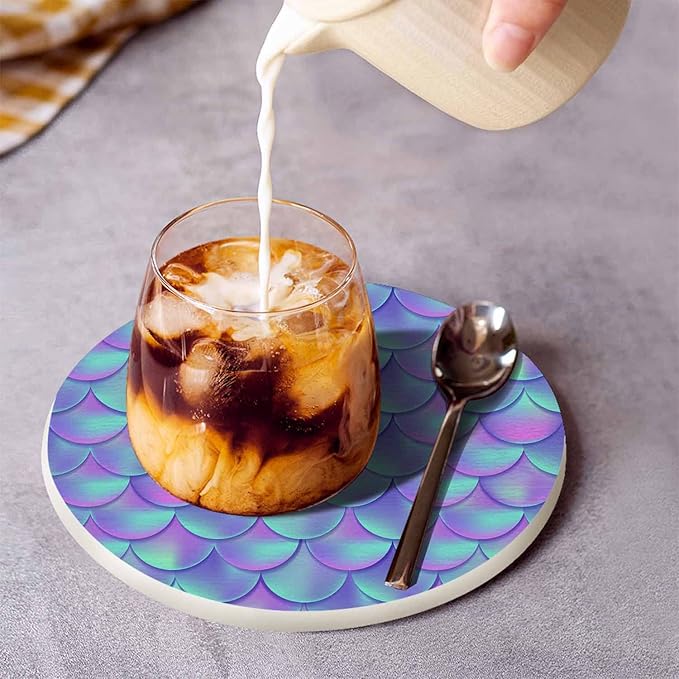 Mermaid Tail Coaster for Drinks Individual Mesh Gradient Mermaid Fish Skin Presents for Housewarming Birthday and Family 100% Diatomite 4''X 4'',2 Pack