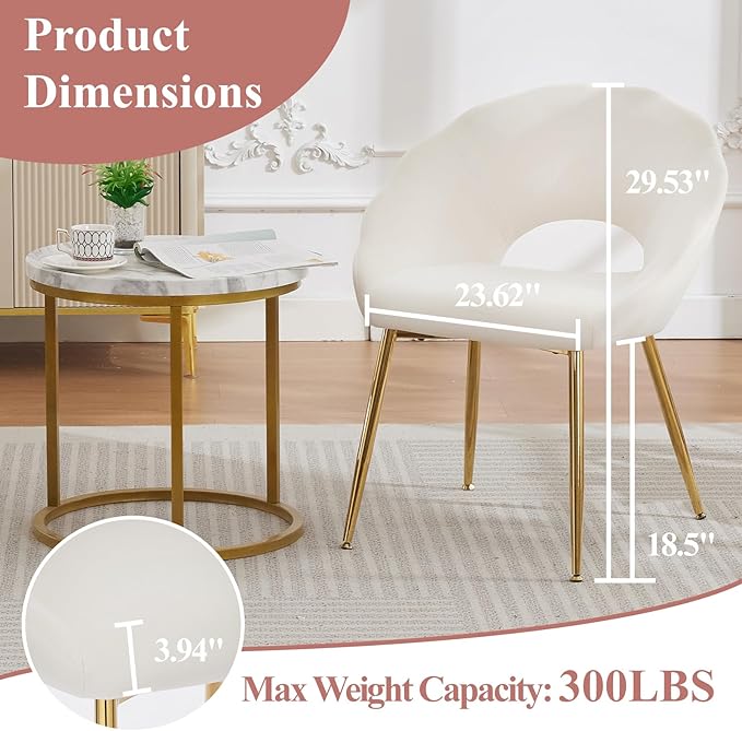 Modern Small Accent Chair Set of 2, Comfy Velvet Vanity Chair with Shell Back & Golden Metal Legs, Decorative Chair no Wheels for Living Room, Makeup Room, Bedroom, Beige