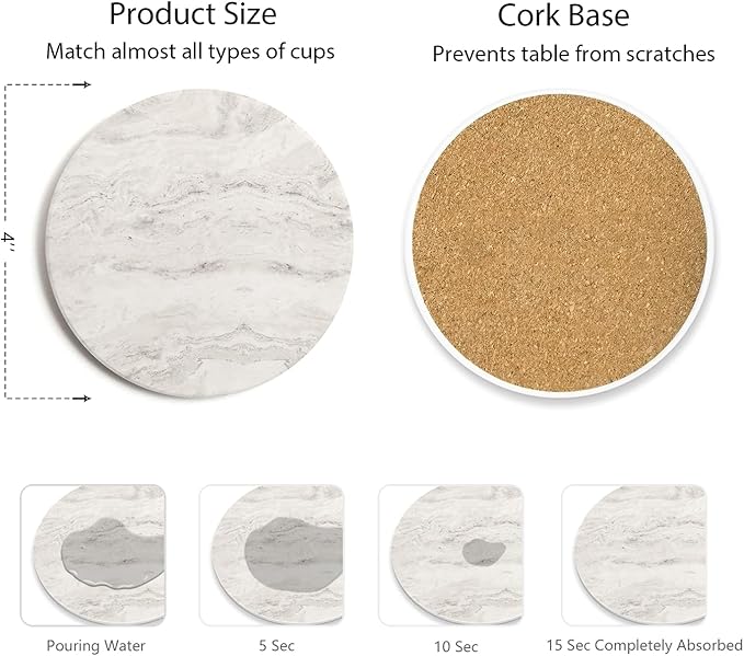 Set of 6 Off White Abstract Onyx Marble Coasters with Holder, Absorbent Ceramic Drink Coasters for Table Protection, Coffee Table Decor
