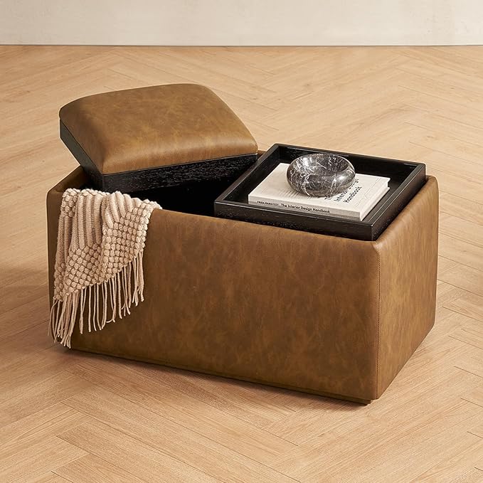 mopio Levi Storage Bench with Reversible Tray, Modern Storage Coffee Table, Bedroom Bench, Rectangular Cube Upholstered Coffee Table Ottoman for Living Room, Bedroom (Faux Leather, Pecan Brown)