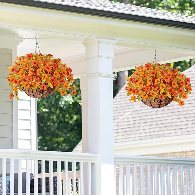 Artificial Fall Fake Flowers Plants for Outdoor Decoration,2 Pcs No Fade Faux Petunias,UV Resistant Realistic Autumn Silk Flowers,for Home Garden Balcony Yard Porch Deco (Orange Yellow)