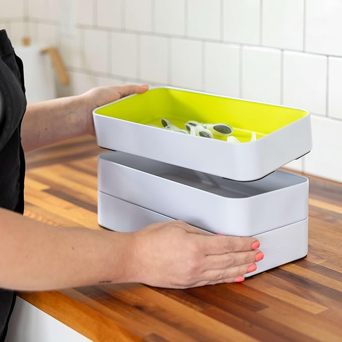 Three by Three Seattle 12 Piece Metal Organizer Tray Set for Storing Makeup, Stationery, Utensils, and More in Office Desk, Kitchen and Bathroom Drawers (2 Inch, Assorted Colors, Stripes)