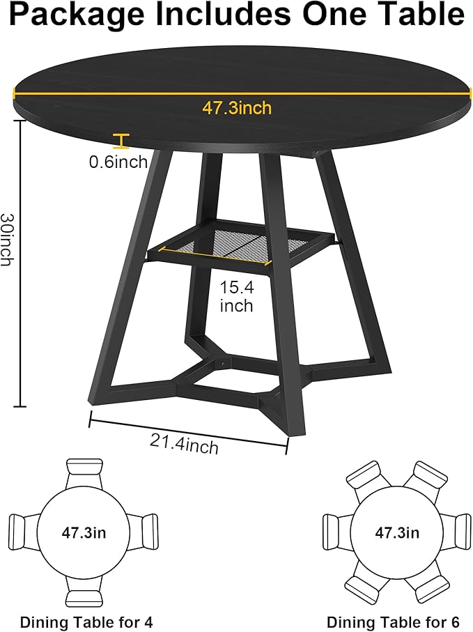 Round Dining Table for 4, Black Kitchen Tables Dining Room Circle Dinner Table with Pedestal Metal Frame, 47 Inch Space Saving Wood Industrial Kitchen & Dining Room Tables