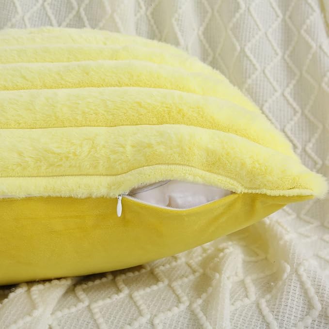 FUTEI Yellow Striped Decorative Throw Pillow Covers 22x22 Inch Set of 2,Square Fall Decorations Couch Pillow Case,Soft Cozy Faux Rabbit Fur & Velvet Back,Modern Home Decor for Bed