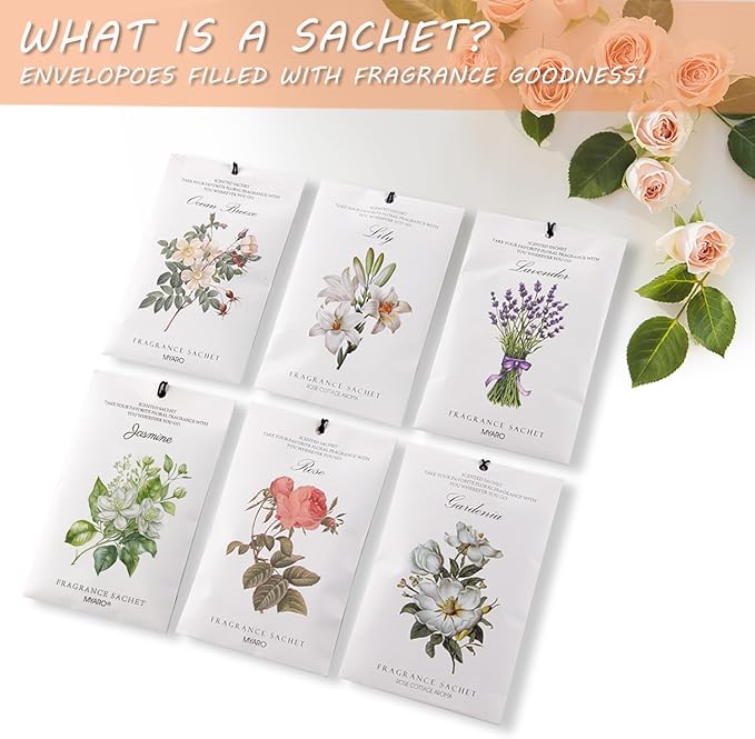 MYARO 12 Packs Scented Sachets for Drawer and Closet, Long-Lasting Sachets Bags Home Fragrance 6 Scents Option- Lavender, Rose, Jasmine, Ocean, Gardenia, Lily