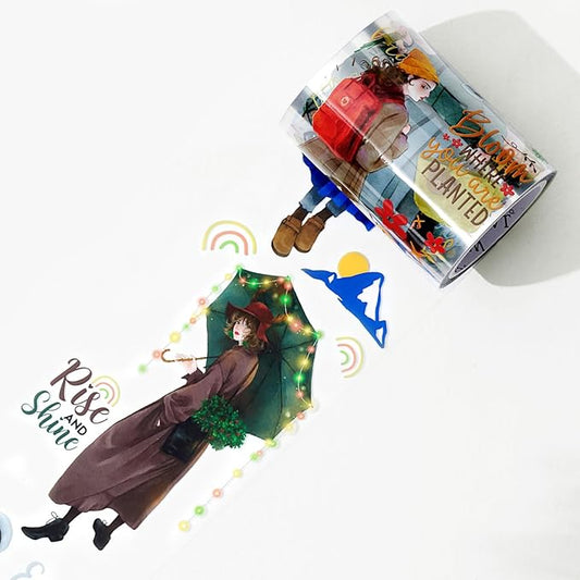 WT Fiery Dream Wide PET Tape, Single Roll, Original Fashion Girl Character Designs, Clear Decorative Tape for Journaling, Scrapbooking, Bujo Planners, DIY Crafts, Art Stationery