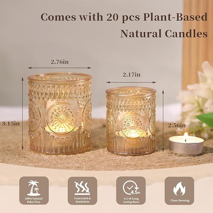 Volens 20pcs Assorted Gold Votive Candle Holders with 20pcs Tealight Candles, Large Glass Votive & Tea Light Candle Holder for Wedding Table Centerpieces, Christmas Party Decorations, Fall Home Decor