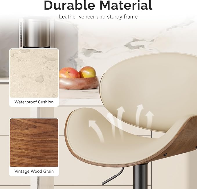 Swivel Bar Stools Set of 4, Seat Adjustable Height 23.5-32.5IN Bentwood Barstools with Back & Footrest, PU Leather Upholstered Counter Height Bar Chairs for Bar Kitchen Dining Room, Beige