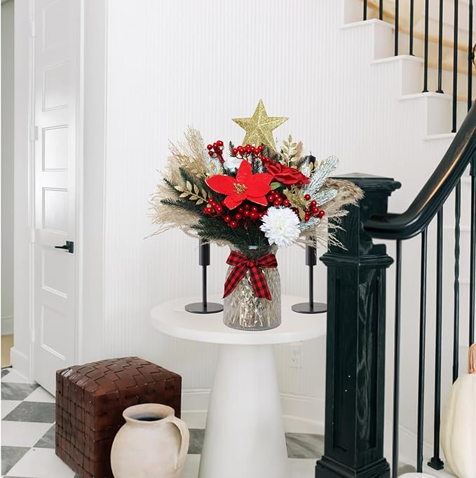 Christmas Centerpieces for Tables, Holiday Table Decor, 100pcs Christmas Floral Arrangements in Vase, Xmas Decorations for Coffee Kitchen Dining Table, Artificial Poinsettia Red Berry Pine Branches